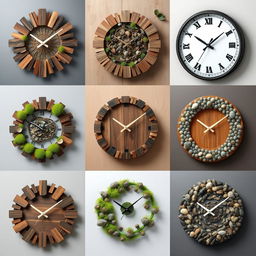 Unique and original wall clock designs made from natural materials, showcasing creativity and exclusivity