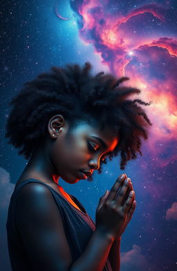 A young black girl with beautiful, natural hair, praying with her head down and eyes closed