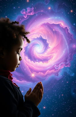 A young black girl with beautiful, natural hair, praying with her head down and eyes closed