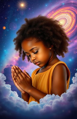 A young black girl with beautiful, natural hair, praying with her head down and eyes closed