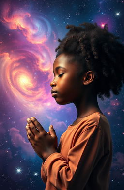 A young black girl with beautiful, natural hair, praying with her head down and eyes closed