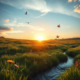 A serene landscape featuring a beautiful sunrise over a lush green meadow, dotted with wildflowers