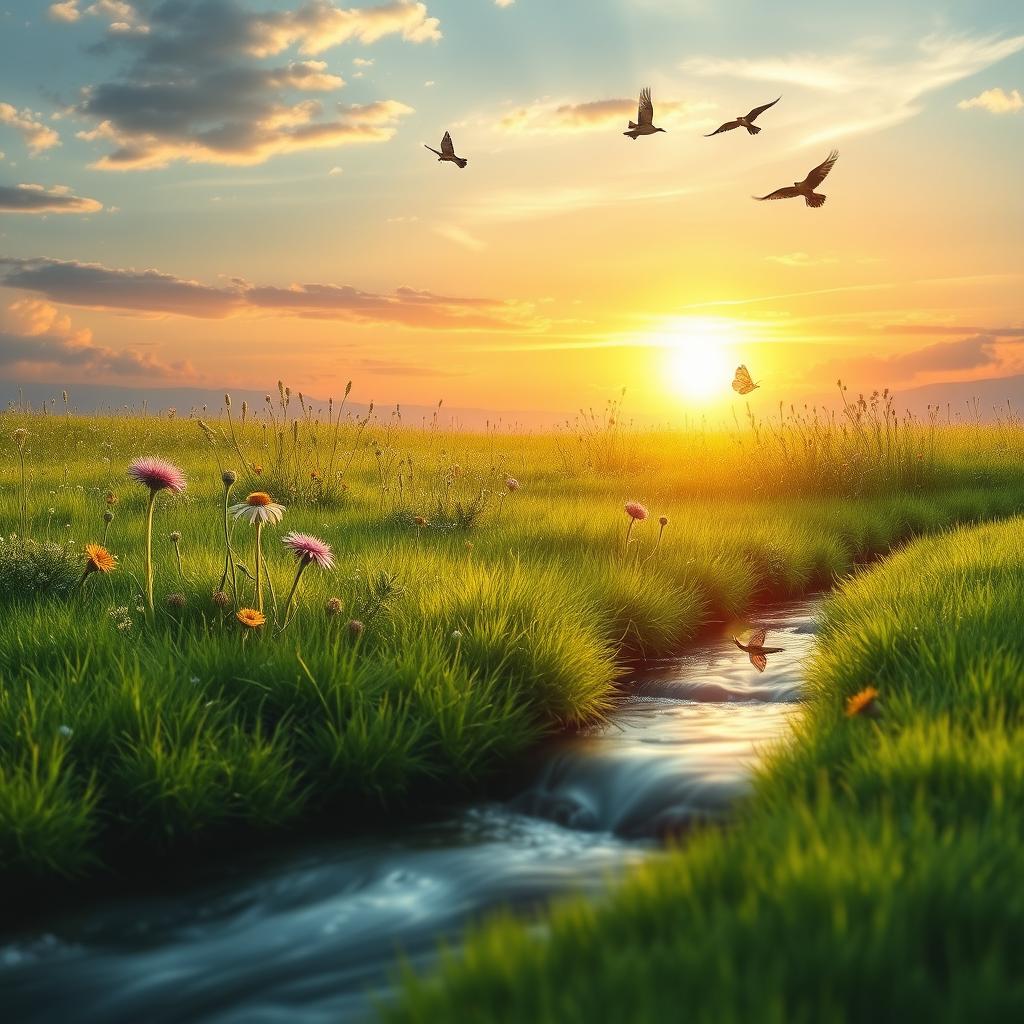 A serene landscape featuring a beautiful sunrise over a lush green meadow, dotted with wildflowers