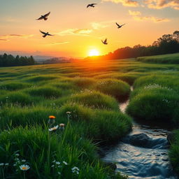 A serene landscape featuring a beautiful sunrise over a lush green meadow, dotted with wildflowers