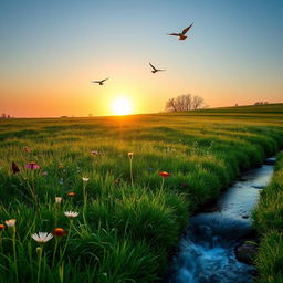 A serene landscape featuring a beautiful sunrise over a lush green meadow, dotted with wildflowers