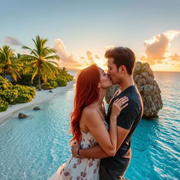 A romantic scene of a couple kissing, with the woman being a radiant redhead, her hair cascading down her shoulders, and the man is dark-haired, his features defined and handsome