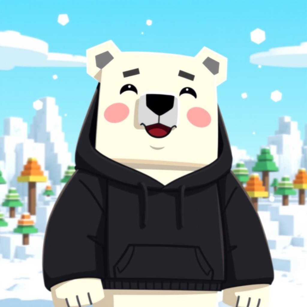 A cute polar bear wearing a black hoodie, animated in the style of Minecraft, featuring blocky textures and pixelated details