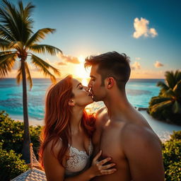 A romantic scene of a couple kissing, with the woman being a radiant redhead, her hair cascading down her shoulders, and the man is dark-haired, his features defined and handsome