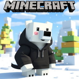 A cute polar bear wearing a black hoodie, animated in the style of Minecraft, featuring blocky textures and pixelated details