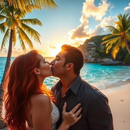 A romantic scene of a couple kissing, with the woman being a radiant redhead, her hair cascading down her shoulders, and the man is dark-haired, his features defined and handsome