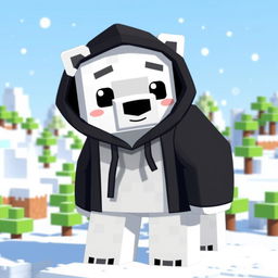 A cute polar bear wearing a black hoodie, animated in the style of Minecraft, featuring blocky textures and pixelated details