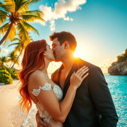 A romantic scene of a couple kissing, with the woman being a radiant redhead, her hair cascading down her shoulders, and the man is dark-haired, his features defined and handsome