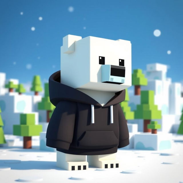 A cute polar bear wearing a black hoodie, animated in the style of Minecraft, featuring blocky textures and pixelated details