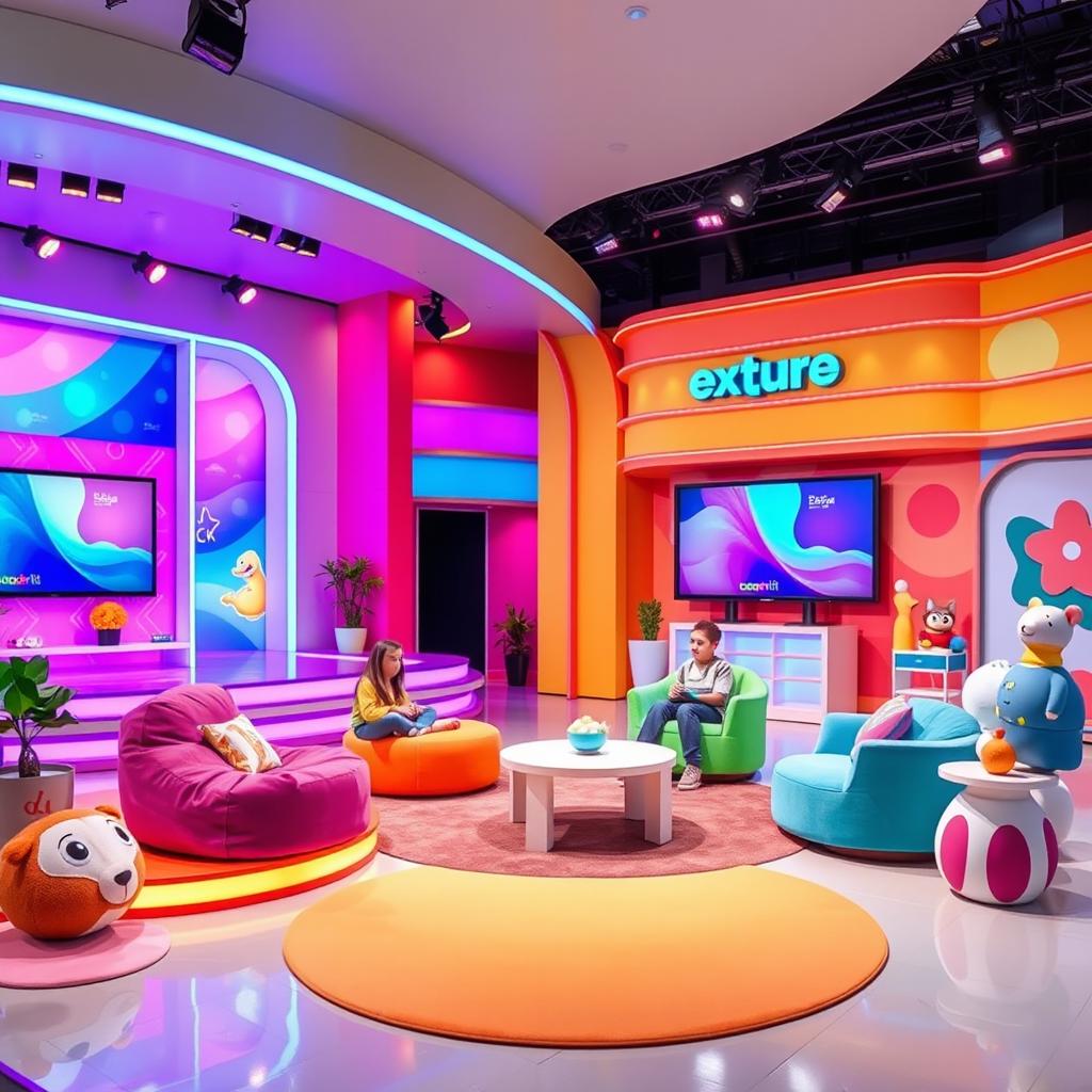 A vibrant and colorful set design for a youth television program, featuring modern elements like a sleek stage with interactive screens, playful furniture, and a lively backdrop with exciting graphics