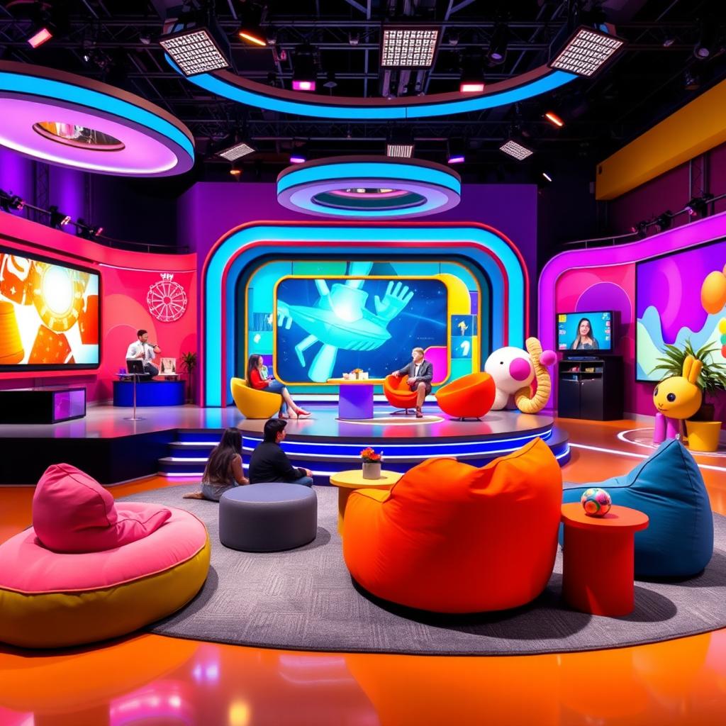 A vibrant and colorful set design for a youth television program, featuring modern elements like a sleek stage with interactive screens, playful furniture, and a lively backdrop with exciting graphics