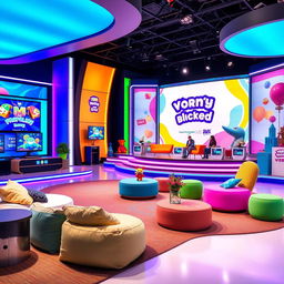 A vibrant and colorful set design for a youth television program, featuring modern elements like a sleek stage with interactive screens, playful furniture, and a lively backdrop with exciting graphics