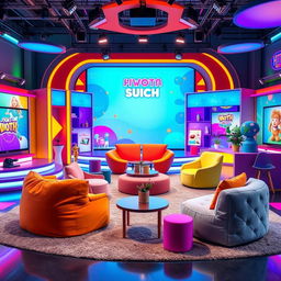 A vibrant and colorful set design for a youth television program, featuring modern elements like a sleek stage with interactive screens, playful furniture, and a lively backdrop with exciting graphics