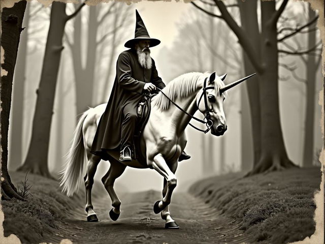 A distressed antique black and white photograph depicting a scene from Epping Forest in 1912, featuring a wizard riding a majestic unicorn