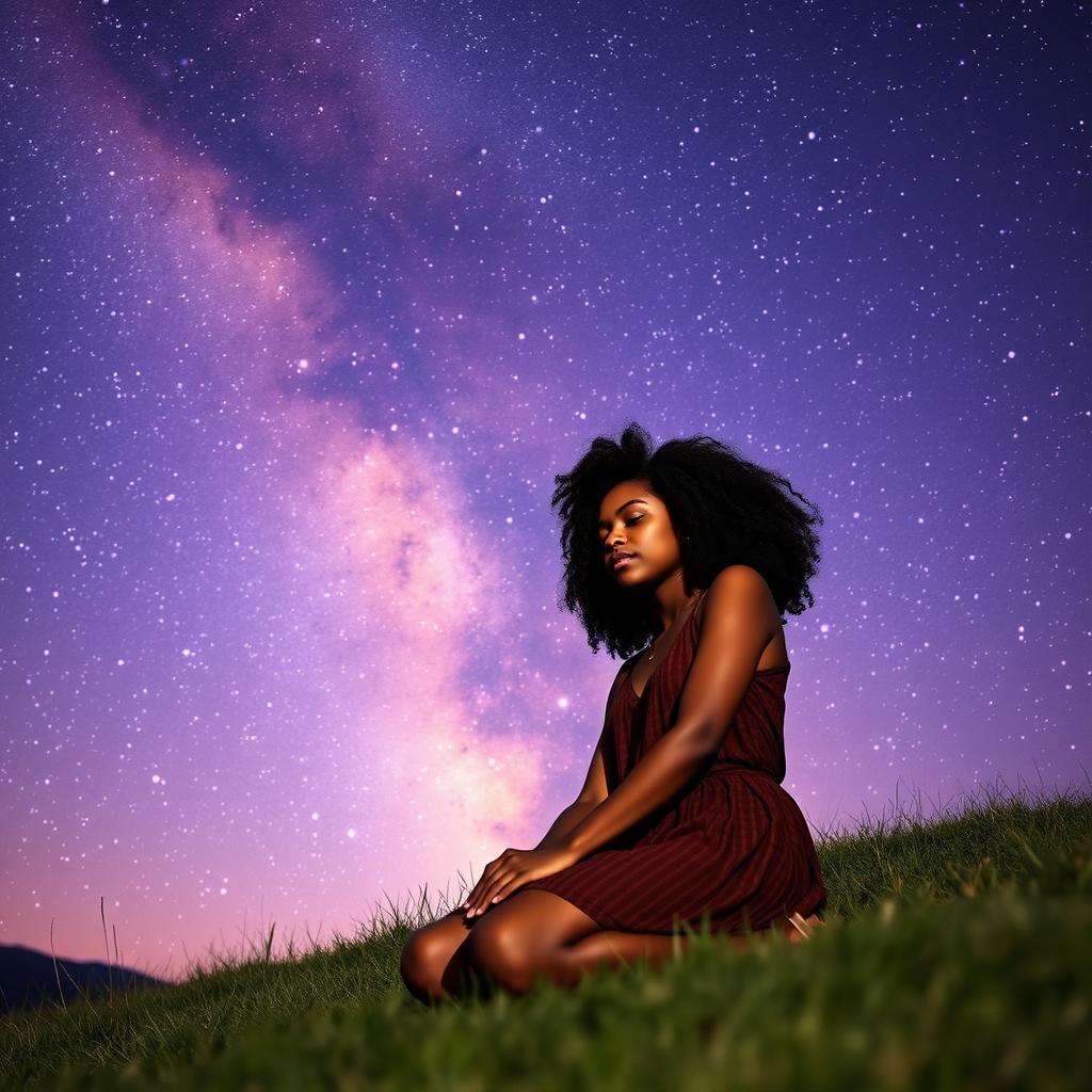 A young black woman with natural curly hair, sitting peacefully on a grassy hill under a breathtaking starry galaxy