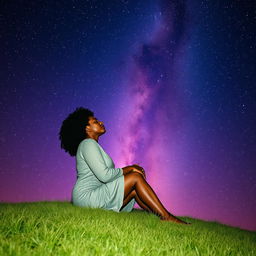 A young black woman with natural curly hair, sitting peacefully on a grassy hill under a breathtaking starry galaxy