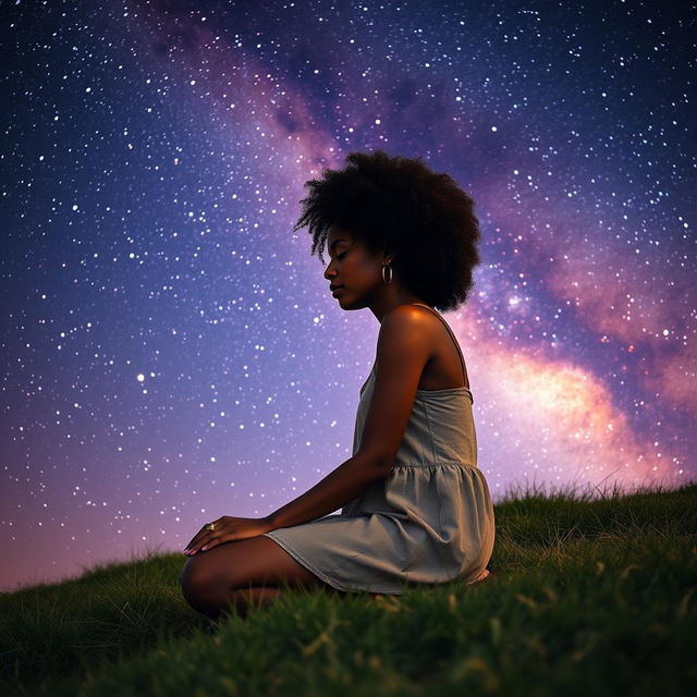 A young black woman with natural curly hair, sitting peacefully on a grassy hill under a breathtaking starry galaxy