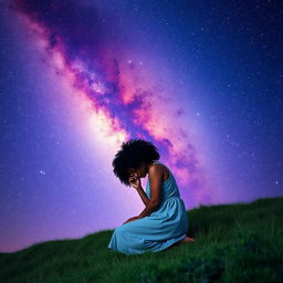 A young black woman with natural curly hair, sitting peacefully on a grassy hill under a breathtaking starry galaxy