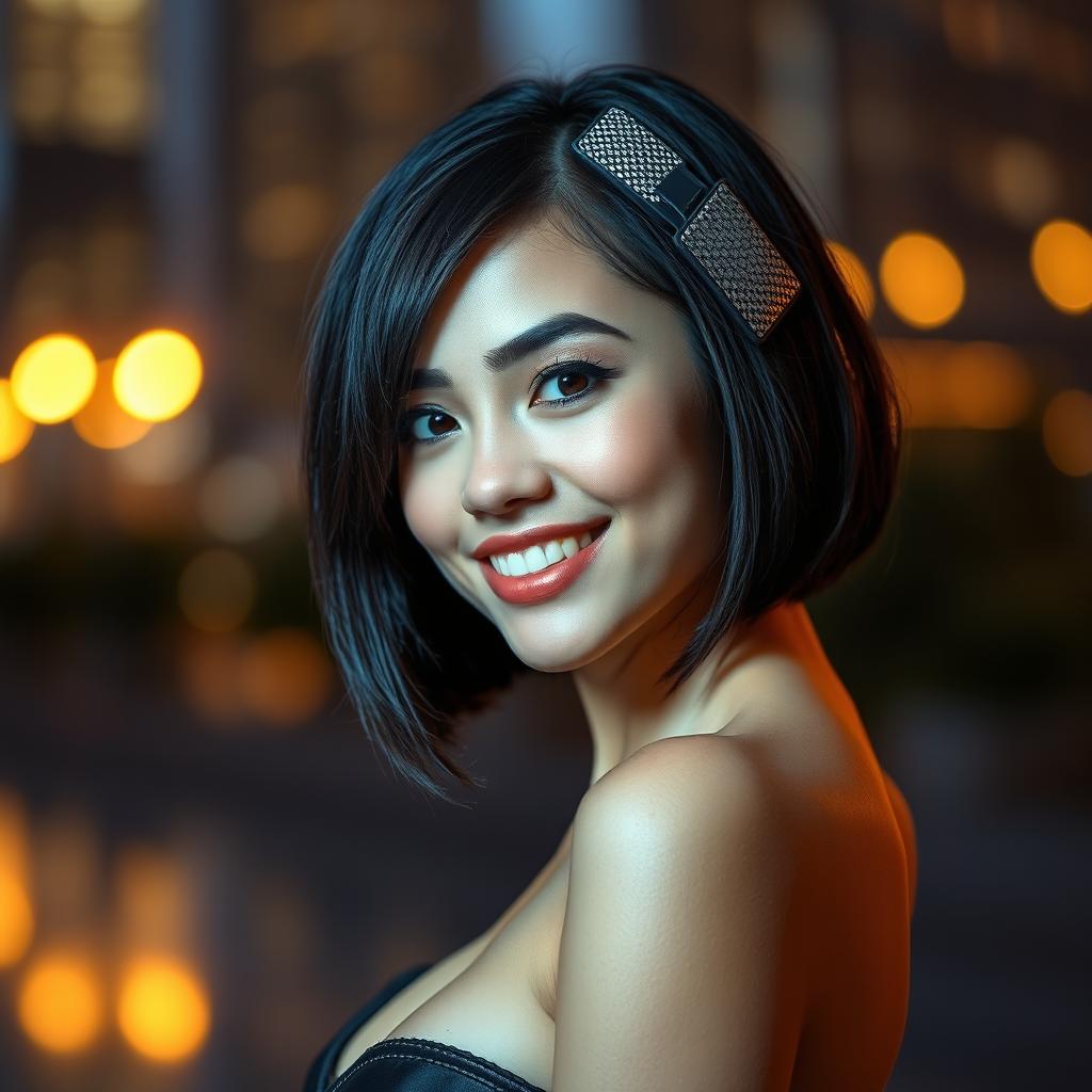 A captivating portrait of a young woman with a chic short bob haircut adorned with stunning patterned hair clips