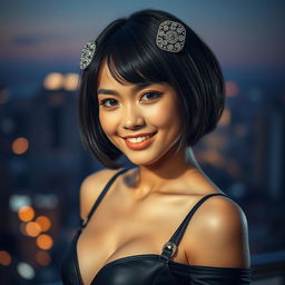 A captivating portrait of a young woman with a chic short bob haircut adorned with stunning patterned hair clips