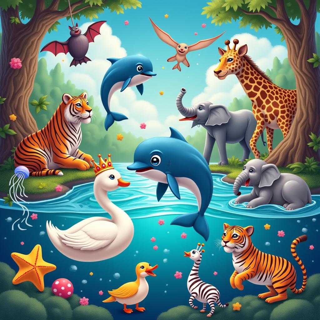 A vibrant and whimsical scene featuring a variety of animals in a fantastical setting