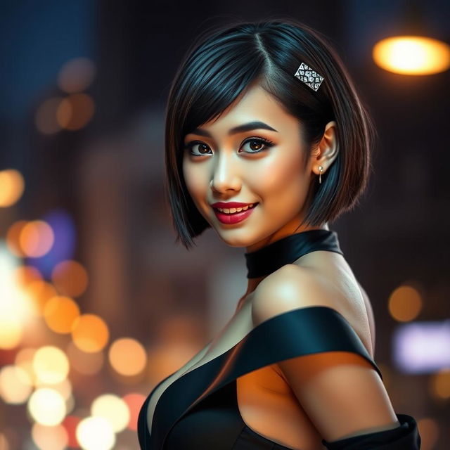 A captivating portrait of a young woman with a chic short bob haircut adorned with stunning patterned hair clips