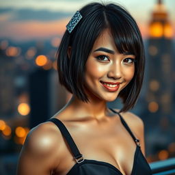 A captivating portrait of a young woman with a chic short bob haircut adorned with stunning patterned hair clips