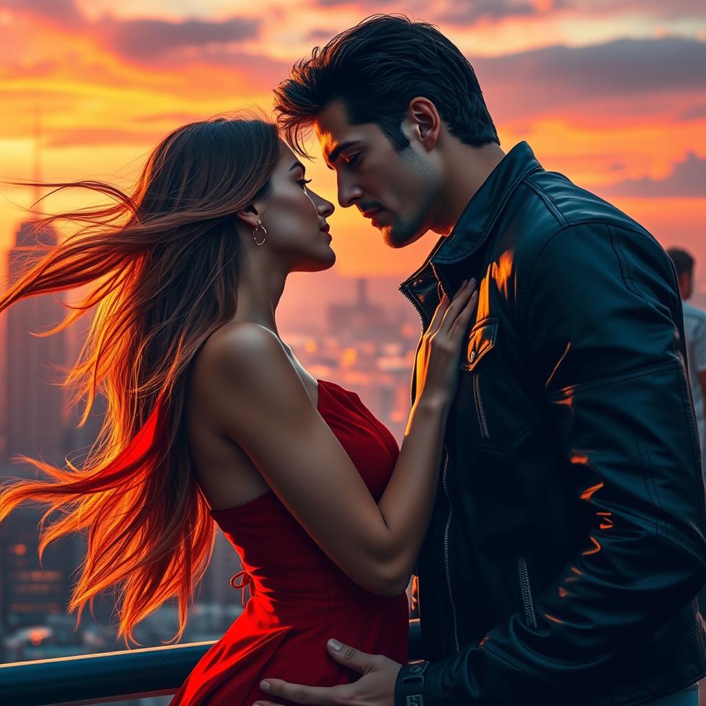 A dramatic and passionate scene featuring an intense romantic interaction between two lovers in a vibrant city setting during sunset