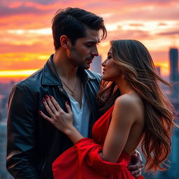 A dramatic and passionate scene featuring an intense romantic interaction between two lovers in a vibrant city setting during sunset