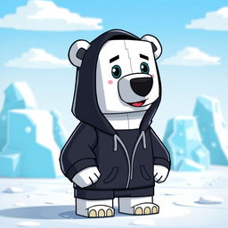 A cartoon-style polar bear wearing a black hoodie, designed in a Minecraft aesthetic with blocky features and pixelated textures