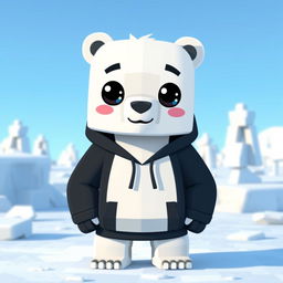 A cartoon-style polar bear wearing a black hoodie, designed in a Minecraft aesthetic with blocky features and pixelated textures