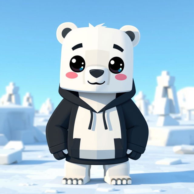 A cartoon-style polar bear wearing a black hoodie, designed in a Minecraft aesthetic with blocky features and pixelated textures