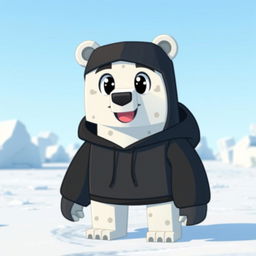 A cartoon-style polar bear wearing a black hoodie, designed in a Minecraft aesthetic with blocky features and pixelated textures