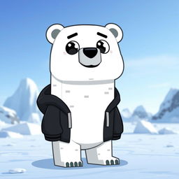 A cartoon-style polar bear wearing a black hoodie, designed in a Minecraft aesthetic with blocky features and pixelated textures