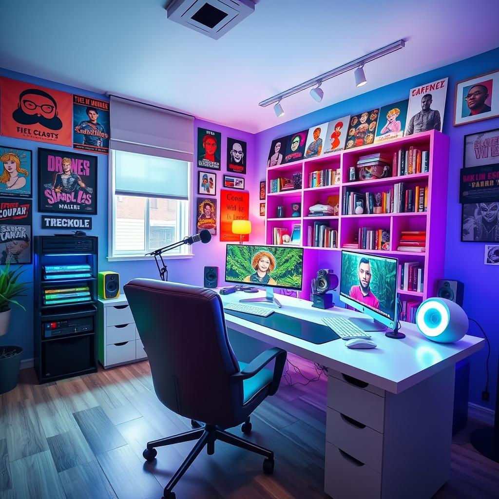 A vibrant and creative YouTube studio background, featuring a modern desk with a sleek microphone, computer, and colorful LED lights