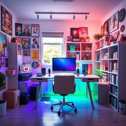 A vibrant and creative YouTube studio background, featuring a modern desk with a sleek microphone, computer, and colorful LED lights