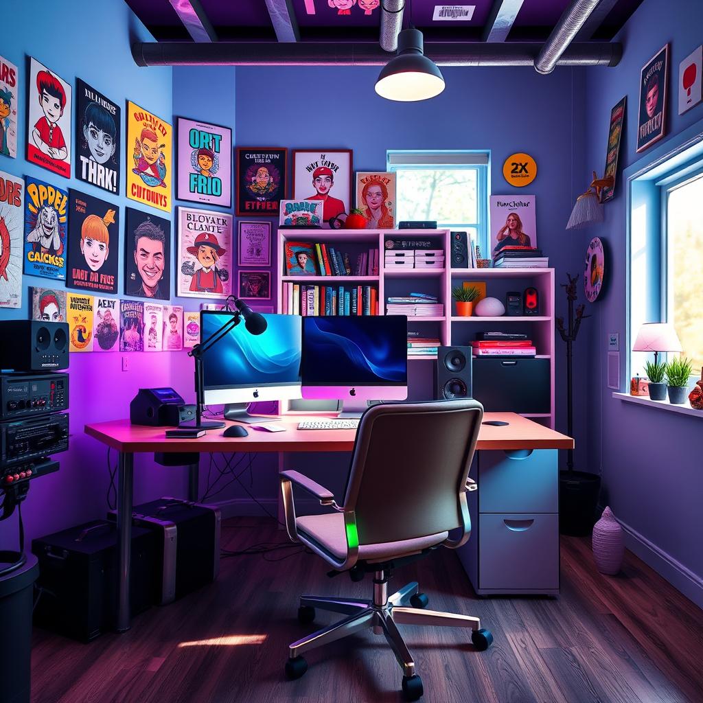 A vibrant and creative YouTube studio background, featuring a modern desk with a sleek microphone, computer, and colorful LED lights