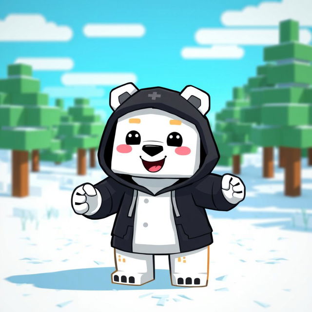 A cute and animated polar bear wearing a black hoodie, designed in a Minecraft style, with pixelated textures and blocky features