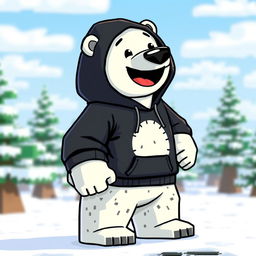 A cute and animated polar bear wearing a black hoodie, designed in a Minecraft style, with pixelated textures and blocky features