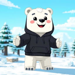 A cute and animated polar bear wearing a black hoodie, designed in a Minecraft style, with pixelated textures and blocky features