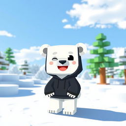 A cute and animated polar bear wearing a black hoodie, designed in a Minecraft style, with pixelated textures and blocky features