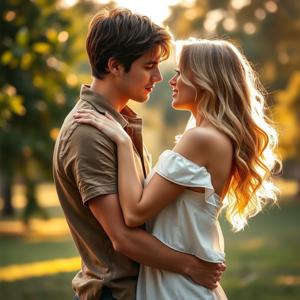 A romantic scene depicting a passionate interaction between a man with brown hair and a blonde woman