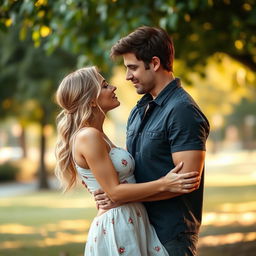 A romantic scene depicting a passionate interaction between a man with brown hair and a blonde woman