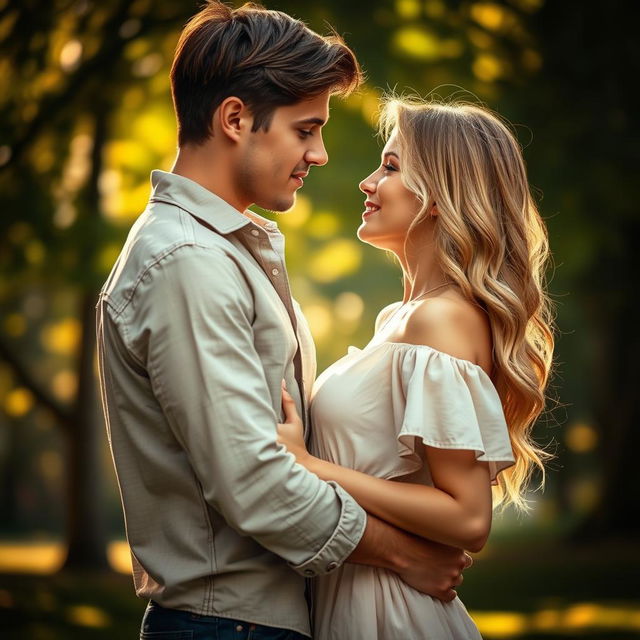 A romantic scene depicting a passionate interaction between a man with brown hair and a blonde woman