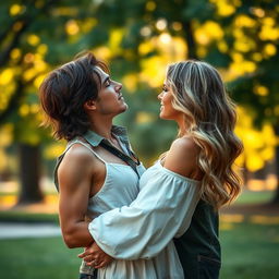 A romantic scene depicting a passionate interaction between a man with brown hair and a blonde woman