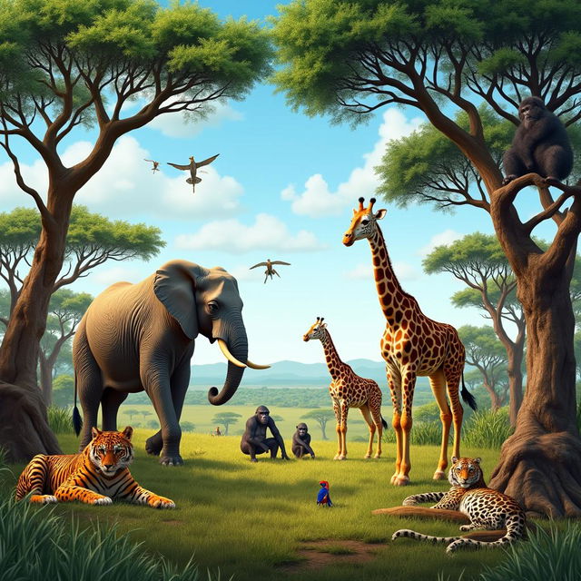 A realistic, vibrant scene set in a lush African savannah, showcasing a diverse array of wildlife